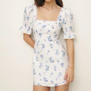 Reformation White Mini Sundress with Puff Sleeves
